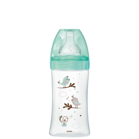 Un biberon avec un couvercle turquoise et une tétine en silicone. Il est orné d'illustrations d'oiseaux, de nuages et d'étoiles aux couleurs pastel. Son design original est adapté aux nourrissons. Dakar