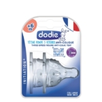 Emballage d'une tétine anti-colique pour biberon Dodie. Cette tétine ronde à trois vitesses est conçue pour les nourrissons de 6 mois et plus. L'emballage présente des caractéristiques telles qu'une double valve et un design breveté, avec des textes en anglais et en français. Dakar