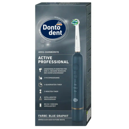 Coffret de brosse à dents électrique rechargeable Donto Dent Active Professional, bleu graphite, au design fin. Il comprend des fonctionnalités telles qu'une minuterie de 2 minutes, un capteur de pression intelligent et 3 modes de nettoyage. Dakar
