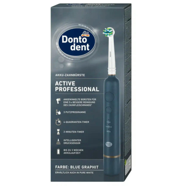 Coffret de brosse à dents électrique rechargeable Donto Dent Active Professional, bleu graphite, au design fin. Il comprend des fonctionnalités telles qu'une minuterie de 2 minutes, un capteur de pression intelligent et 3 modes de nettoyage. Dakar