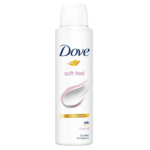 Une boîte blanche de déodorant Dove Soft Feel avec un motif de plumes roses et blanches, étiquetée « Pflegecreme, Puderduft, 48h ». Il est indiqué « 0 % d'alcool, anti-transpirant ». Dakar