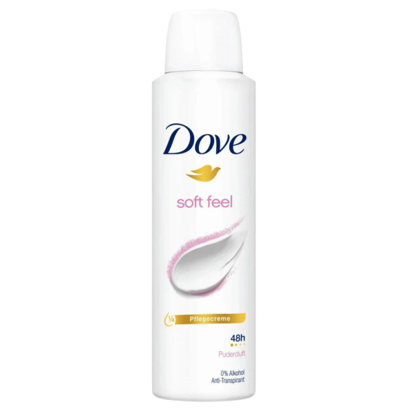 Une boîte blanche de déodorant Dove Soft Feel avec un motif de plumes roses et blanches, étiquetée « Pflegecreme, Puderduft, 48h ». Il est indiqué « 0 % d'alcool, anti-transpirant ». Dakar