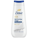 Un flacon blanc de crème de douche Dove Advanced Care avec un bouchon bleu. Il arbore le logo de la marque, un cercle doré orné d'une goutte et un texte en allemand sur les soins riches et la micro-hydratation régénérante 24 heures sur 24. Le fond indique « 0 % Sulfate SLES ». Dakar