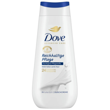 Un flacon blanc de crème de douche Dove Advanced Care avec un bouchon bleu. Il arbore le logo de la marque, un cercle doré orné d'une goutte et un texte en allemand sur les soins riches et la micro-hydratation régénérante 24 heures sur 24. Le fond indique « 0 % Sulfate SLES ». Dakar