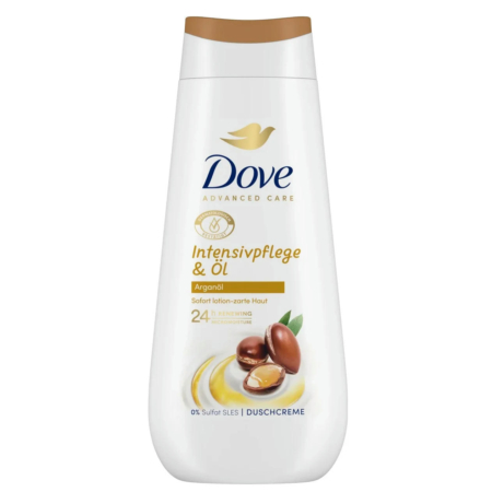 Un flacon de crème douche Dove Advanced Care portant l'étiquette « Intensivpflege & Öl Arganöl ». L'emballage blanc est orné d'un motif de noix et d'huile d'argan, soulignant l'hydratation 24 h de la peau et sa formule sans sulfate. Dakar