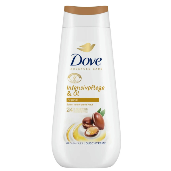 Un flacon de crème douche Dove Advanced Care portant l'étiquette « Intensivpflege & Öl Arganöl ». L'emballage blanc est orné d'un motif de noix et d'huile d'argan, soulignant l'hydratation 24 h de la peau et sa formule sans sulfate. Dakar