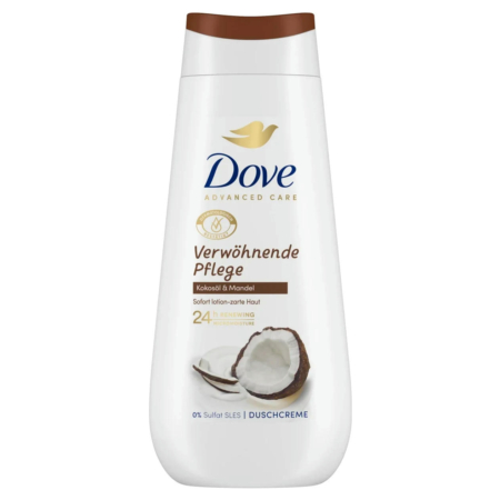 Un flacon de gel douche Dove Advanced Care Verwöhnende Pflege au parfum de noix de coco et d'amande. L'emballage est blanc avec un bouchon marron orné d'images de noix de coco concassée. Le texte met en valeur la micro-hydratation régénérante 24 heures sur 24. Dakar