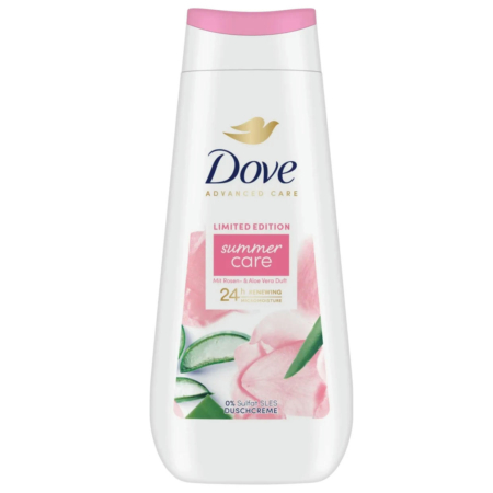 Flacon de gel douche Dove blanc étiqueté « Édition limitée Soin d'été », avec des pétales de rose roses et des images d'aloe vera. Le texte souligne l'hydratation 24 h sans sulfate. Le bouchon est rose clair. Dakar