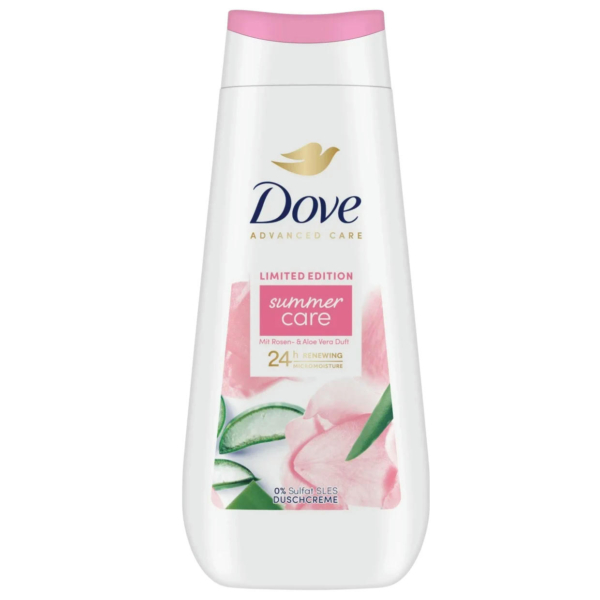 Flacon de gel douche Dove blanc étiqueté « Édition limitée Soin d'été », avec des pétales de rose roses et des images d'aloe vera. Le texte souligne l'hydratation 24 h sans sulfate. Le bouchon est rose clair. Dakar