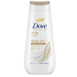 Un flacon de gel douche Dove étiqueté « Advanced Care Seidig-Zart ». Le texte indique notamment une formule sans sulfate et une hydratation régénérante 24 heures sur 24. L'emballage est blanc avec des touches dorées et un bouchon doré. Dakar