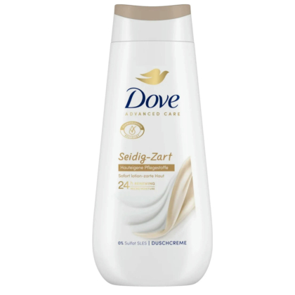 Un flacon de gel douche Dove étiqueté « Advanced Care Seidig-Zart ». Le texte indique notamment une formule sans sulfate et une hydratation régénérante 24 heures sur 24. L'emballage est blanc avec des touches dorées et un bouchon doré. Dakar