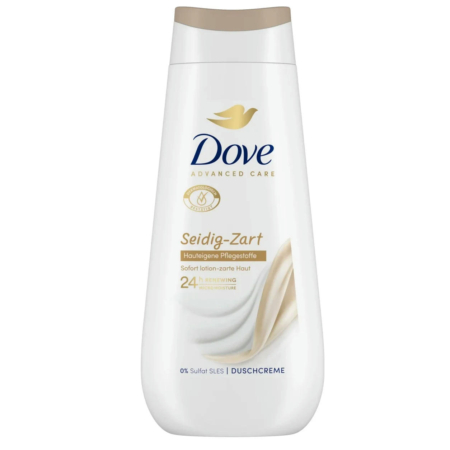 Un flacon de gel douche Dove étiqueté « Advanced Care Seidig-Zart ». Le texte indique notamment une formule sans sulfate et une hydratation régénérante 24 heures sur 24. L'emballage est blanc avec des touches dorées et un bouchon doré. Dakar