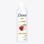 Une bombe anti-transpirante Dove Go Fresh au parfum de grenade et de verveine citronnée. L'étiquette présente une illustration de grenade et un texte indiquant qu'elle offre une protection de 48 heures et ne contient aucun alcool. Dakar