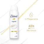Un flacon de déodorant en spray Dove Original est présenté. Le texte souligne les caractéristiques suivantes : « ¼ Pflegecreme », « 48h Schutz ». Le flacon est blanc avec des touches de bleu et de jaune, et le fond présente un motif subtil et léger. Dakar