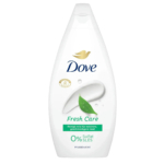 Flacon blanc de gel douche Dove Fresh Care au design incurvé. L'étiquette arbore le logo Dove, une colombe dorée et un motif de feuille verte. Elle met en valeur la mention « 0 % SLES » et inclut une icône de crème hydratante. Le texte en allemand apparaît ci-dessous. Dakar