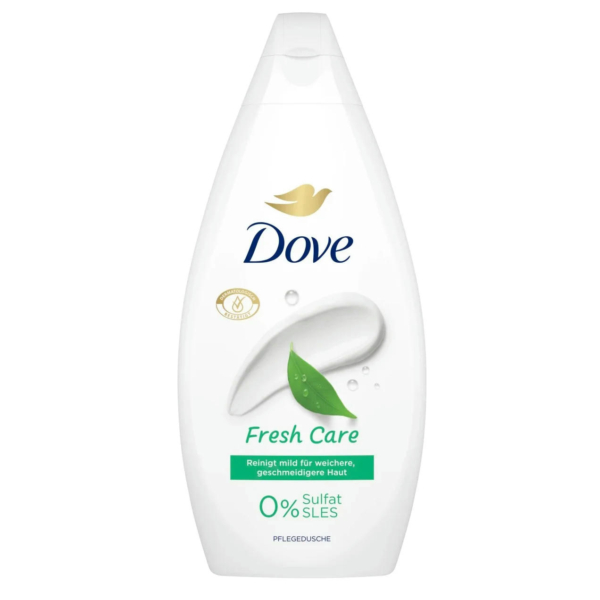 Flacon blanc de gel douche Dove Fresh Care au design incurvé. L'étiquette arbore le logo Dove, une colombe dorée et un motif de feuille verte. Elle met en valeur la mention « 0 % SLES » et inclut une icône de crème hydratante. Le texte en allemand apparaît ci-dessous. Dakar