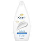 Un flacon blanc de gel douche Dove orné d'un logo colombe doré et du mot « Hydrate » en bleu. Le flacon arbore un logo virgule et la mention « 0 % Sulfat SLES » en bleu au fond. Le couvercle est muni d'un couvercle rabattable. Dakar