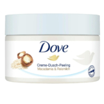 Un flacon de crème exfoliante Dove, étiqueté « Crème-Dusch-Peeling », contient des noix de macadamia et du lait de riz. L'emballage est orné d'une illustration d'oiseau et d'un logo circulaire bleu. Dakar