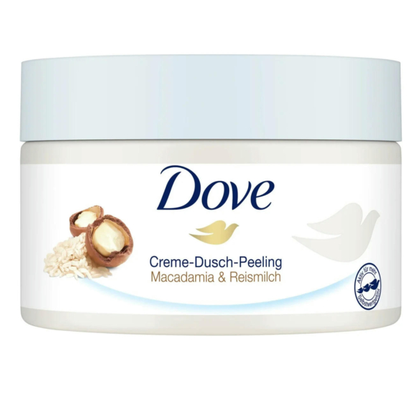 Un flacon de crème exfoliante Dove, étiqueté « Crème-Dusch-Peeling », contient des noix de macadamia et du lait de riz. L'emballage est orné d'une illustration d'oiseau et d'un logo circulaire bleu. Dakar