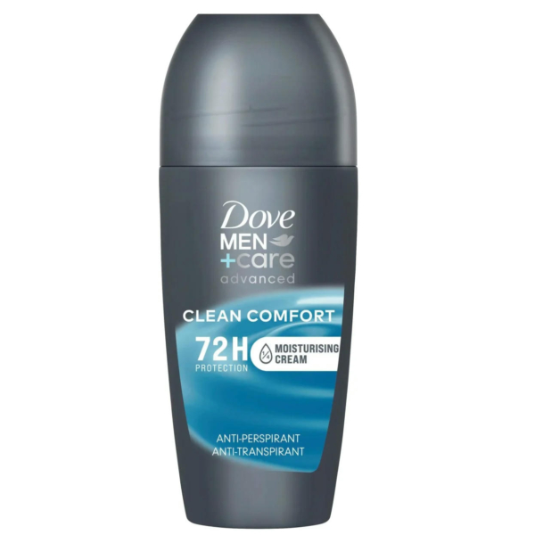 Un flacon d'antitranspirant Dove Men+Care Clean Comfort. L'étiquette met en avant une protection 72 heures et inclut une crème hydratante. Le flacon est gris foncé avec une étiquette bleue. Dakar