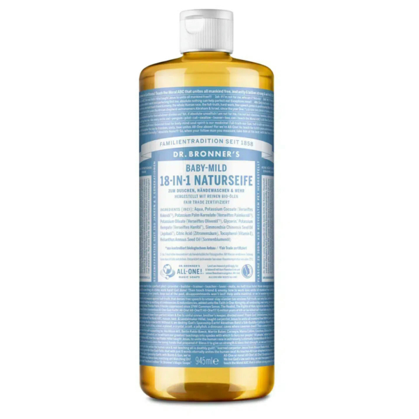 Flacon transparent de savon naturel 18 en 1 Dr. Bronner's Baby-Mild, avec étiquette bleue. L'étiquette présente une description des ingrédients et des utilisations, soulignant ainsi sa formule douce. Le flacon contient 945 ml de savon liquide. Dakar
