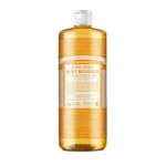 Flacon de savon liquide pur de Castille 18 en 1 Dr. Bronner's aux agrumes et à l'orange. L'étiquette, en allemand et en anglais, met en valeur ses ingrédients naturels et ses multiples utilisations. Le flacon est de couleur ambrée et son bouchon est blanc. Dakar