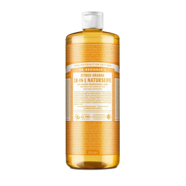 Flacon de savon liquide pur de Castille 18 en 1 Dr. Bronner's aux agrumes et à l'orange. L'étiquette, en allemand et en anglais, met en valeur ses ingrédients naturels et ses multiples utilisations. Le flacon est de couleur ambrée et son bouchon est blanc. Dakar