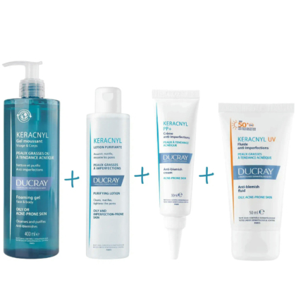Quatre produits de soin Ducray et Keracnyl, présentés en ligne. Comprend un gel moussant, une lotion purifiante, une crème anti-imperfections et un fluide UV anti-imperfections, chacun étiqueté avec son type et son utilisation pour les peaux à tendance acnéique. Dakar