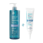 Flacons transparents de produits de soin Ducray : un grand gel moussant bleu « Keracnyl Gel Moussant » pour les peaux grasses à tendance acnéique, et une crème blanche plus petite « Keracnyl Glycolic+ » pour désobstruer les pores et réduire les points noirs. Dakar
