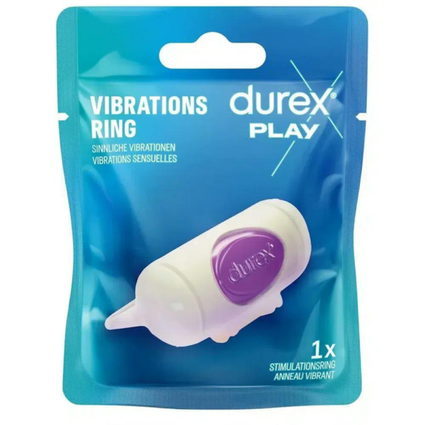 Un anneau vibrant Durex Play. L'emballage est bleu et contient un anneau vibrant blanc et violet. Les inscriptions sur l'emballage incluent « Anneau vibrant » et « 1 anneau de stimulation ». Dakar