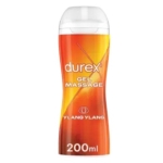 Un flacon de 200 ml de gel de massage Durex à l'ylang-ylang, orné d'un dégradé orange et jaune et d'un bouchon blanc. La marque du produit est bien visible sur le devant du flacon. Dakar