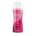 Un flacon rose de gel Durex 2-en-1 Massage et Jeu au Guarana. L'étiquette porte le logo Durex et les inscriptions « Wasserbasiert » et « 200 ml », indiquant qu'il est à base d'eau et d'une contenance de 200 ml. Dakar