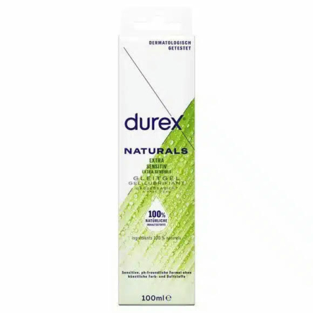 Un flacon de 100 ml de lubrifiant Durex Naturals Extra Sensitive à l'aloe vera est présenté. L'emballage, blanc à dominante verte, porte une mention indiquant qu'il est testé dermatologiquement et 100 % naturel. Dakar