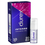 Boîte et flacon de gel orgasmique intense Durex, avec emballage et logo violets audacieux. La boîte indique « 10 ml » et « 20 applications ». Le flacon est transparent avec un bouchon blanc. Dakar