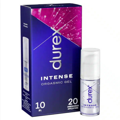 Boîte et flacon de gel orgasmique intense Durex, avec emballage et logo violets audacieux. La boîte indique « 10 ml » et « 20 applications ». Le flacon est transparent avec un bouchon blanc. Dakar