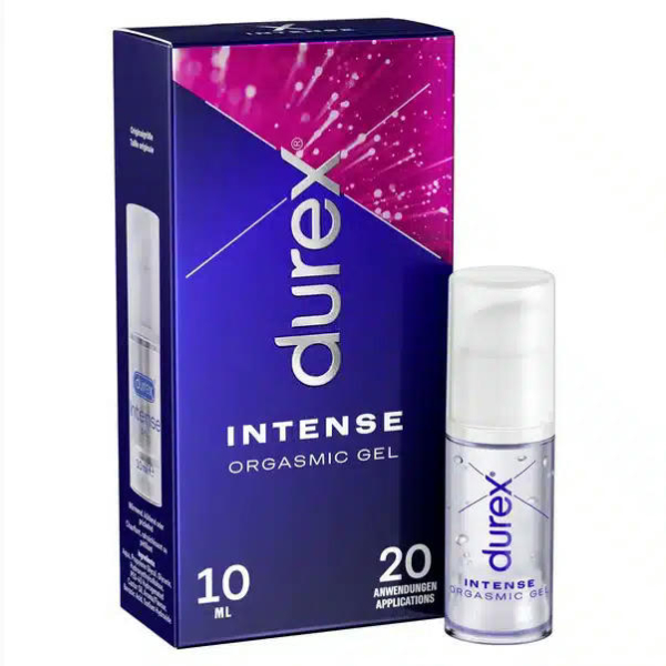 Boîte et flacon de gel orgasmique intense Durex, avec emballage et logo violets audacieux. La boîte indique « 10 ml » et « 20 applications ». Le flacon est transparent avec un bouchon blanc. Dakar