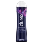Flacon de lubrifiant Durex Perfect Glide de 50 ml. L'emballage est foncé avec des touches de violet et de rose, et le nom du produit est affiché en blanc. Dakar