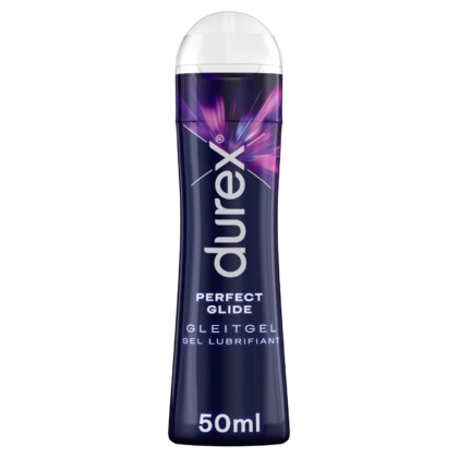 Flacon de lubrifiant Durex Perfect Glide de 50 ml. L'emballage est foncé avec des touches de violet et de rose, et le nom du produit est affiché en blanc. Dakar