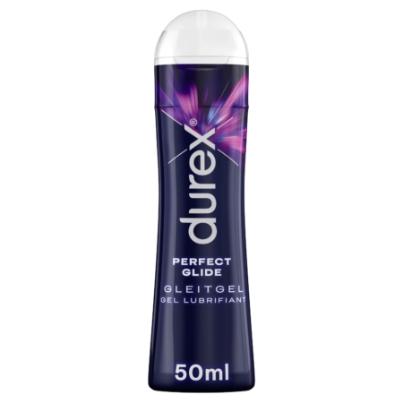 Flacon de lubrifiant Durex Perfect Glide de 50 ml. L'emballage est foncé avec des touches de violet et de rose, et le nom du produit est affiché en blanc. Dakar