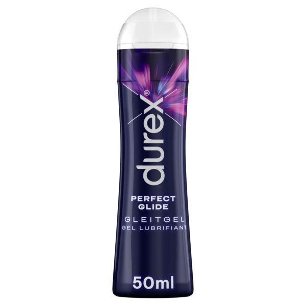 Flacon de lubrifiant Durex Perfect Glide de 50 ml. L'emballage est foncé avec des touches de violet et de rose, et le nom du produit est affiché en blanc. Dakar