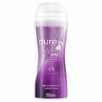 Un flacon violet de gel lubrifiant et de massage 2 en 1 Durex à l'aloe vera, étiqueté comme étant à base d'eau. Ce flacon élégant, au design incurvé, est doté d'un bouchon à clapet transparent. Il contient 200 ml de produit. Dakar