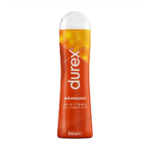 Flacon de 50 ml de gel lubrifiant chauffant Durex au design orange et blanc. Il arbore le logo Durex en blanc à la verticale et « WÄRMEND GLEITGEL » en plus petit. Dakar
