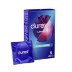 Emballage bleu et violet du préservatif Durex Love, orné d'un cœur stylisé. Un seul paquet scellé est présenté à côté de la boîte, indiquant qu'elle contient 8 préservatifs. Texte en allemand. Dakar