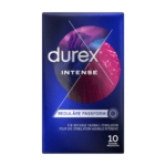 Emballage bleu de préservatifs Durex Intense, orné d'une bande diagonale représentant un gros plan d'une surface magenta vibrante. Inscription « REGULÄRE PASSFORM » et détails en allemand pour une stimulation vaginale intense. Contient 10 préservatifs. Dakar