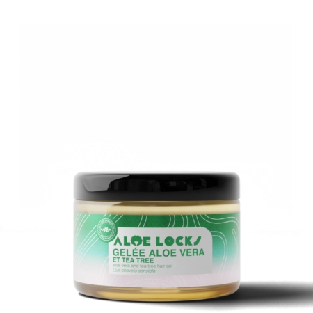 Un pot rond avec un couvercle noir, étiqueté « Aloe Locks Gelée Aloe Vera et Tea Tree » en vert et blanc. Il contient du gel capillaire à l'aloe vera et à l'arbre à thé. L'étiquette présente des lignes ondulées vert vif. Dakar