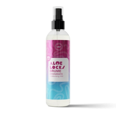 Un flacon de brume hydratante Aloe Locks Brume Hydratante. L'étiquette présente un dégradé violet en haut et bleu en bas, avec un texte blanc. Le flacon est doté d'un embout vaporisateur noir. Dakar