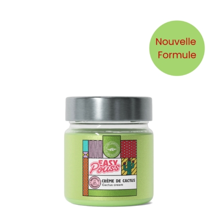 Un pot de Crème de Cactus Easy Pouss avec un couvercle argenté. L'étiquette présente des motifs colorés et des illustrations de cactus. « Nouvelle Formule » est inscrit dans un cercle vert en haut à droite. Dakar