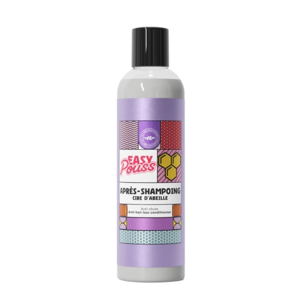 Un flacon d'Après-Shampooing Cire d'Abeille Easy Pouss. L'étiquette arbore un motif géométrique vibrant aux couleurs rouge, jaune et violet. Elle indique qu'il s'agit d'un après-shampoing anti-chute, avec un texte en anglais et en français. Dakar