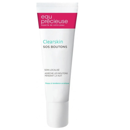 Un tube blanc de soin SOS Boutons Eau Précieuse Clearskin pour peaux à tendance acnéique. Son emballage est orné de détails sur le produit en français, en rose et vert, conçu pour cibler les boutons pendant la nuit. Dakar