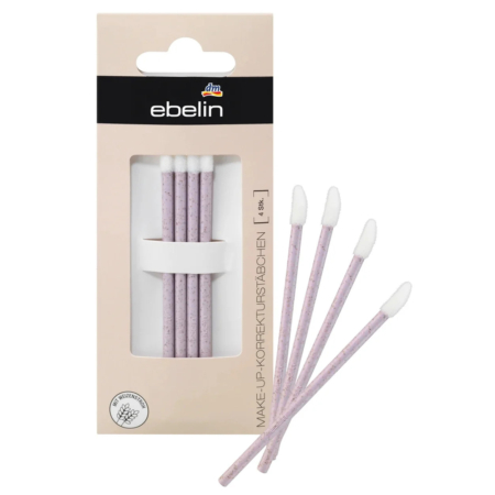 Une boîte de bâtons correcteurs de maquillage Ebelin, présentée dans un emballage beige clair. Quatre bâtons sont présentés à l'extérieur, chacun doté d'un manche rose et d'embouts blancs effilés, conçus pour un ajustement précis du maquillage. Dakar